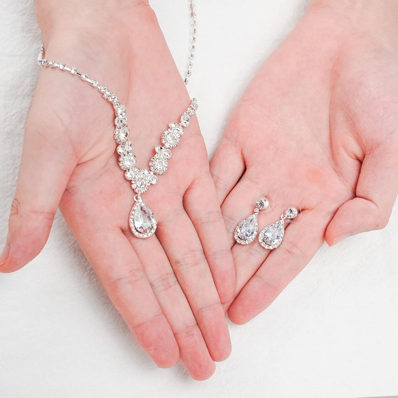COCIDE Bride Jewelry Set Silver Crystal Wedding Necklace Earrings Bridal Rhinestone Teardrop Pendant Accessories for Women and Bridesmaids (3 piece set - 2 earrings and 1 necklace) - Image 2